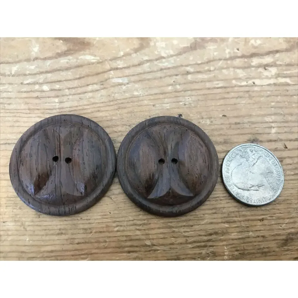 Vtg Pair Set Lot 2 Dark Brown Tropical Hard Wood Tiki Wooden Round Buttons 4cm
